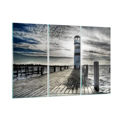 Produktbild von Bilder auf glas - See Leuchtturm Holzbrücke Wasser - 165x110cm - Glasbilder - Wandbilder - Kunstdruck - Wanddekoration aus Glas - Glas Bilder - Wandbild auf Glas - GCE165x110-0330