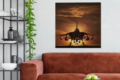 Produktbild von MuchoWow® - Leinwandbilder - Die Silhouette eines Kampfjets bei Sonnenuntergang, Wandbild, Wanddeko Bilder Wohnzimmer, 90x90cm