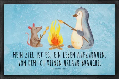 Produktbild von Mr. & Mrs. Panda Fussmatte Pinguin Lagerfeuer 50 x 75 cm - Eisblau - Geschenk, fußmatte, abstreifer, Job, Büro, Grillen, Schmutzmatte, Schmutzfänger, Leben