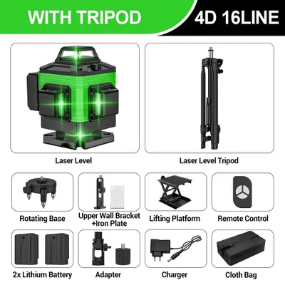 Image de Niveau laser 4D - 16 faisceaux laser - Auto-nivellement 4° - Portée de 19,8 m - Trépied - Sac de transport en tissu - Couleur : vert