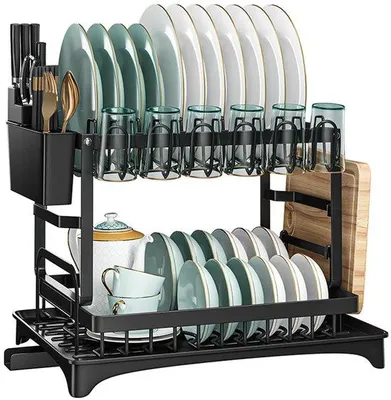 Obrázek produktu pro Uniqoos® Odkládací stojan z nerezové oceli, dvoustupňový s držákem na příbory – úsporný design pro talíře, hrnky a misky, rozměry 42 x 30 x 29 cm