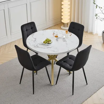 Produktbild von Esstisch- und Stuhlset 4 Samtstühle 100 cm Esstisch Marmoroptik Schwarz Gold