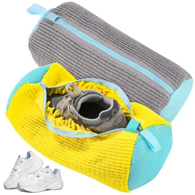 Immagine prodotto di Sacchetti per la pulizia delle scarpe, confezione da 2, con microfibra a 360° per lavatrice e asciugatrice, colore grigio-giallo