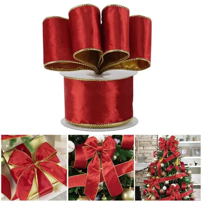 Samtband mit Draht, 6,3 cm, 10 m, rot/gold, für Weihnachtsdeko