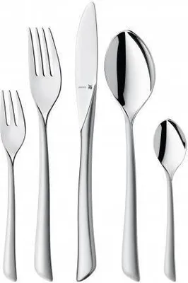 A set of five polished metal cutlery pieces arranged vertically against a white background.