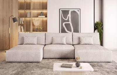 Produktbild von Easy4You Creme Ecksofa Creme Kord in U-Form 315 x 80 x 152 cm mit Schlaffunktion und Bettzeugbehälter - Schlafsofa mit Bettkasten - Eckcouch mit Stauraum - Stoff: POSO 100