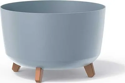 A light gray planter with three brown wooden legs against a white background.