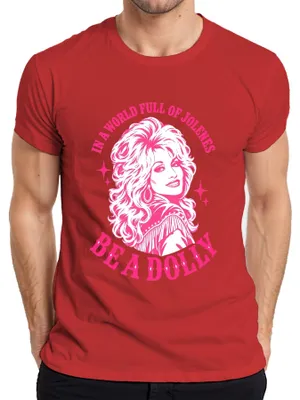 Productafbeelding van In een wereld vol Jolenes, wees een Dolly. Country muziek cowgirl T-shirt, rood, maat L