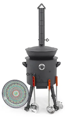 Produktbild von Posylka.de Feuerstelle Kazan Kochset 12 L flach Ofen Ø 40 cm Lagan 37 cm 3 Kellen 13-teilig, (13-St)