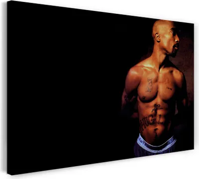 Produktbild von Leinwandbild (100x70cm): Tupac 2Pac Shakur Oberkörper frei mit zahlreichen Tattoos, echter Holz-Keilrahmen inkl. Aufhänger, handgefertigt in Deutschland