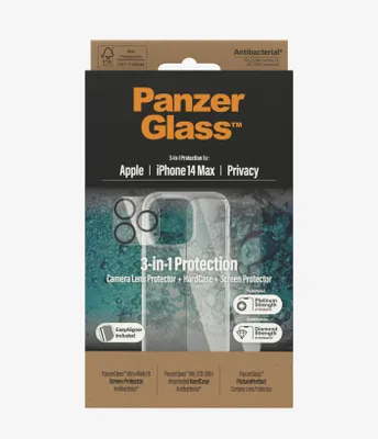 Produktbild von PanzerGlass ® Privacy 3-in-1 Pakke iPhone 14 Plus, Apple, Apple - iPhone 14 Plus, Trockene Anwendung, Kratzresistent, Schockresistent, Antibakteriell, Transparent, 1 Stück(e)
