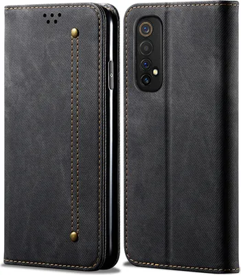A black flip-style phone case for an OPPO Realme 7 is shown from two angles.