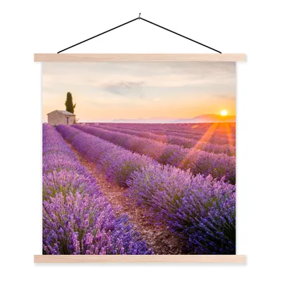 Produktbild von MuchoWow® Textilposter Lavendel - Sonnenuntergang - Blumen - Lila 40x40 cm mit holzfarbenen Rahmen - Posterleiste