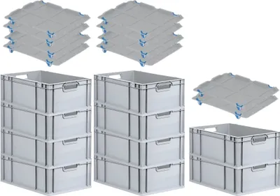Produktbild von SparSet 10x Eurobox NextGen Economy mit Auflagedeckel und 4x Schiebeschnappverschlüsse Blau | Griffe offen | HxBxT 22x40x60cm | 44 Liter | Eurobehälter, Transportbox, Transportbehälter, Stapelbehälter