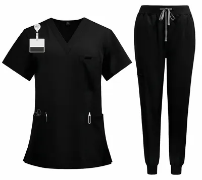 Immagine prodotto di Set da lavoro in tessuto tecnico: top a V con maniche corte, 3 tasche; pantaloni con polsini elasticizzati. Tessuto traspirante. Uniforme unisex per il settore sanitario. Uniforme medica