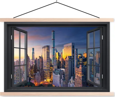 Produktbild von MuchoWow® Textilposter Ansicht - New York - Skyline 60x40 cm mit holzfarbenen Rahmen - Bilder