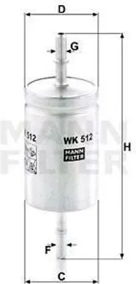 A technical drawing of a fuel filter with dimensions indicated.