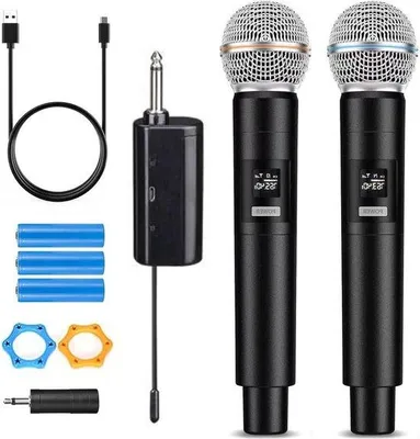 Immagine prodotto di Sistema microfonico wireless per karaoke per 2 persone - Ricaricabile - In metallo - Per feste, DJ, eventi