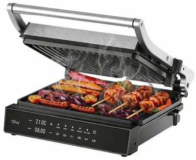 Zdjęcie produktu dla Grill kontaktowy Olvy, 2000 W, elektryczny grill i opiekacz do kanapek, 5 programów, opiekacz do panini, grill-toster do użytku w pomieszczeniach, płyty bez PFAS, grill stołowy