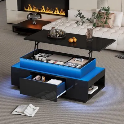 Immagine prodotto di Tavolino da salotto bianco lucido - Altezza regolabile, con spazio contenitore e cassetto