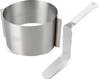 Produktbild von Dr. Oetker Tortenring und Winkelpalette, extra hoher verstellbarer Küchenhelfer von 16-30cm, hohes Streichmesser zum Dekorieren und Verzieren von Torten (Farbe: Silber/Weiß) Menge: 1 x 2er Set