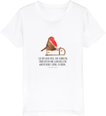 Produktbild von Mr. & Mrs. Panda Kleinkinder T-Shirt Rotkehlchen Schlitten 5-6 Jahre (110/116) - Weiß - Geschenk, Kindershirt, Teenager, Mädchen, Kinder Jungen, Vogel, Weihnachten