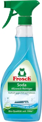 A bottle of Frosch Soda All-purpose cleaner with a green spray nozzle.