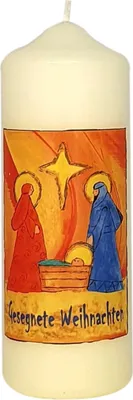 Produktbild von Weihnachtskerze "Krippe orange/blau" Elfenbein 140 x Ø 50 mm