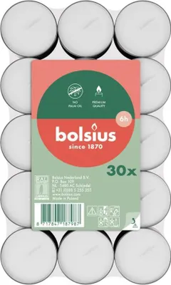 Obrázok produktu pre Sviečka Bolsius, čajová, 6 hodín, biela, balenie 30 ks.