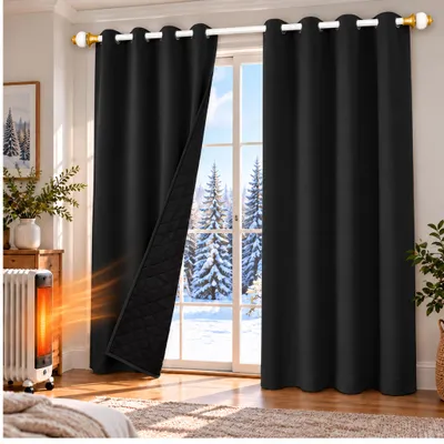 Produktbild von 1x 100% Verdunkelung Thermo Vorhänge Schwarz Blickdicht Verdunkelungsvorhang mit Ösen Einfarbige, 132*160cm