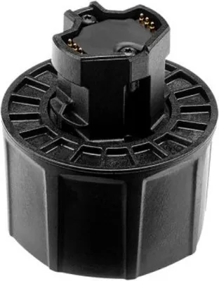 A black racing wheel adapter is shown against a white background.