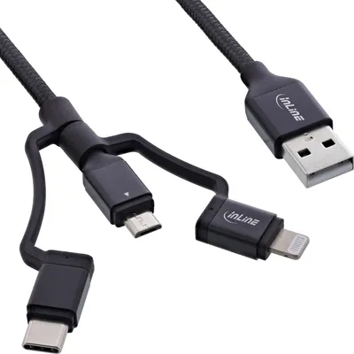 Produktbild von InLine 3-in1 USB Kabel, Micro-USB/Lightning/USB-C, schwarz/Alu, 1m MFi, 1,5 m, USB A, Micro-USB B, Stecker, Stecker, Schwarz