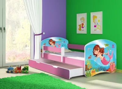 Obrázok produktu pre Posteľ pre mladých ACMA detská posteľ junior kompletná súprava s lamelovým roštom a ochranou proti vypadnutiu matraca ružová 09 morská panna 180x80 + základňa postele