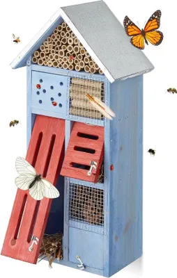 Produktbild von Famanu Insektenhotel mit Metall-Dach für Bienen und Schmetterlinge - Balkon-Nestkasten blau