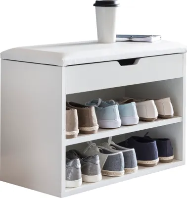 Produktbild von Schuhbank mit Sitzfläche Weiß Garderoben-Bank Holz 60 x 40 x 30 cm | Holzbank klein gepolstert | Sitzbank schmal Flur mit Stauraum | Truhenbank Schuhtruhe Flurmöbel
