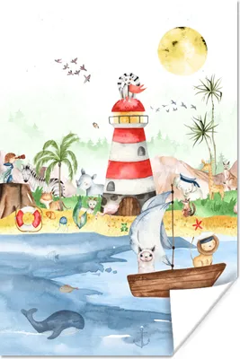 Produktbild von MuchoWow® Poster Strand - Tiere - Kinder - Leuchtturm - Jungen 80x120 cm - Papierdruck