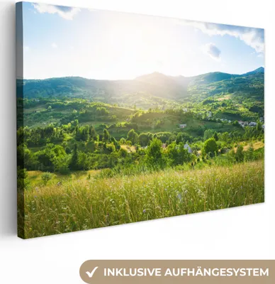 Produktbild von MuchoWow® - Leinwandbilder - Wald - Landschaft - Sonne - Natur - Sonnenaufgang, Wandbild, Wanddeko Bilder Wohnzimmer, 120x80cm