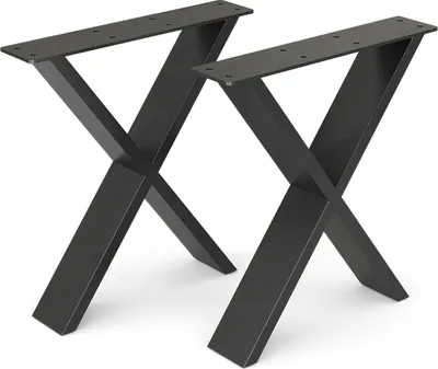 Two black metal table legs with an X-shape design are shown against a white background.