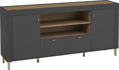 Produktbild von MIRJAN24 Sideboard Mossa 2D1S MO07, Schlafzimmer Kommode mit zwei Drehtüren und Schublade, Wohnzimmer, Stilvoll Kollektion (Farbe: Schwarz / Schwarz + Eiche Whisky)