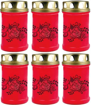 Produktbild von Grabkerze Rot 6er Pack, Brenndauer: 48 Stunden ( je Kerze ), Motiv: Rose Ranke