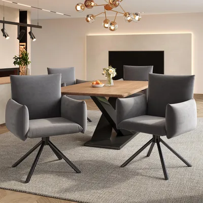 Productafbeelding van Twee eetkamerstoelen, gestoffeerde fauteuil met 4 metalen poten, 360° draaibaar, geschikt voor woonkamer, slaapkamer, werkplek en bureau, met lendensteun, fluweel, grijs