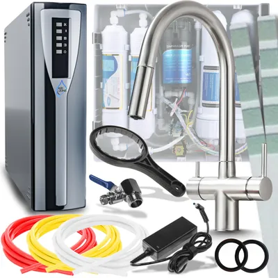 Immagine prodotto di Rubinetto da cucina a 3 vie Ari Slender in acciaio inox satinato, con doccetta estraibile, beccuccio girevole 360, per filtro acqua