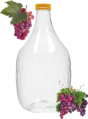 A clear plastic carboy with a yellow cap, adorned with images of red grapes and green leaves on either side.