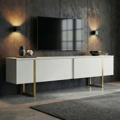 Immagine prodotto di Skye Decor, mobile TV di alta qualità, 180 x 50 x 30 cm, bianco e oro | Pannello truciolare rivestito al 100% in melamina, spessore 18 mm | Design moderno ed elegante per la tua casa.