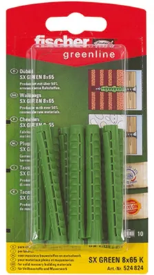 Obrázok produktu pre Fischer 524824, Expanzná kotva, pórobetón, Tehla, Betón, Sadrový blok, Sadrokartón, Nylon, Zelená, 8 mm, 65 mm