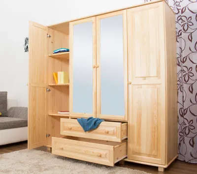 Produktbild von Schlafzimmer - Kleiderschrank mit Spiegel Kiefer Massivholz natur - Abmessung 190 x 180 x 60 cm
