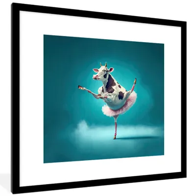Produktbild von MuchoWow® Gerahmtes Poster Kuh - Ballett - Porträt - Blau - Tiere 40x40 cm - Poster mit Schwarzem Bilderrahmen Wandposter Rahmen Foto Bilder - Poster - Plakat im Rahmen