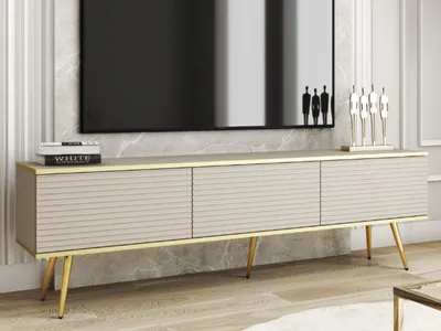 Produktbild von GrainGold TV-Schrank Diolo - Breiter RTV-Schrank, RTV-Tisch, Lowboard, TV-Tisch mit Metallbeinen, Gefräster RTV-Schrank - TV-Schrank Beige, Gold