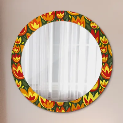 Produktbild von Runder Spiegel mit Modernem Aufdruck - Dekospiegel Wandmontage -retro Tulpen- Ø70cm