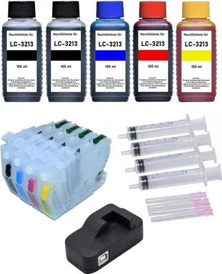 Produktbild von Wiederbefüllbare Tintenpatronen wie Brother LC-3211, LC-3213 black, cyan, magenta, yellow mit resetbaren Chips + Chipresetter + 500 ml Nachfülltinte für Brother DCP-J572 DW, DCP-J772 DNW, DCP-J772 DW, DCP-J774 DW, MFC-J491 DW, MFC-J497 DW, MFC-J890 DW, MFC-J895 DW